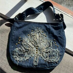Y2K Distressed Denim Shoulder Bag‎ Gold Studs Embroidered Baroque Grunge Purse